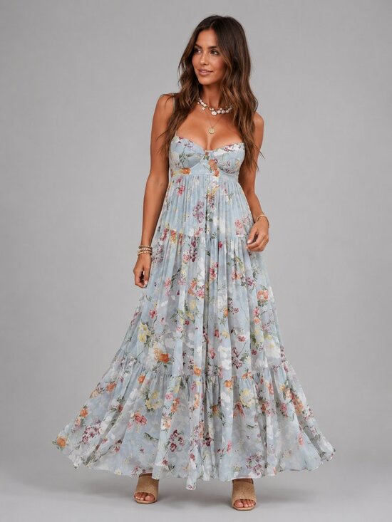 Dresses & Skirts - Women's Cotton Floral Print Maxi Dress Backless Cami Boho Summer Beach Vacation